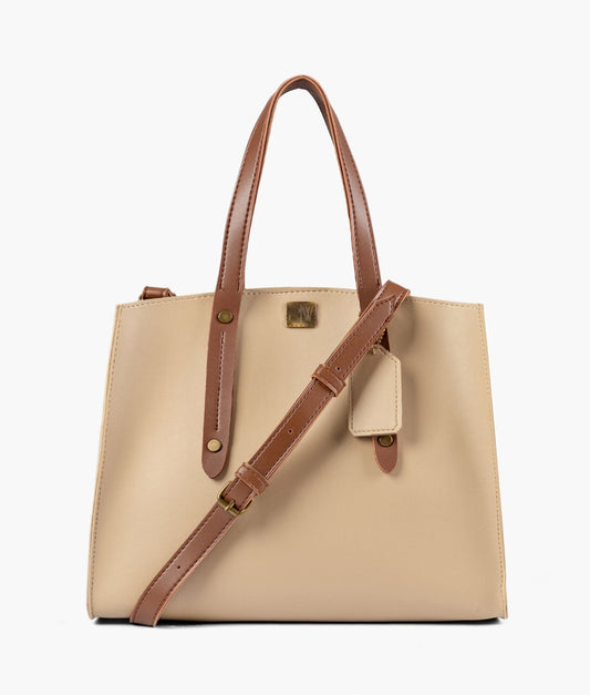 Off-white with brown multi compartment satchel bag